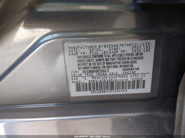 Aukcja sprzedaży 2021 Nissan Sentra S Xtronic Cvt, vin: 3N1AB8BV4MY254413, numer aukcji: 46085107