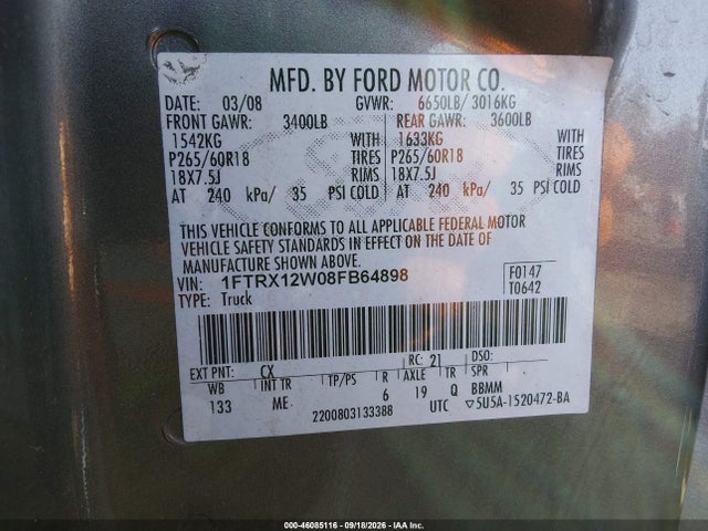 Продаж на аукціоні авто 2008 Ford F-150 Fx2/stx/xl/xlt, vin: 1FTRX12W08FB64898, номер лоту: 46085116