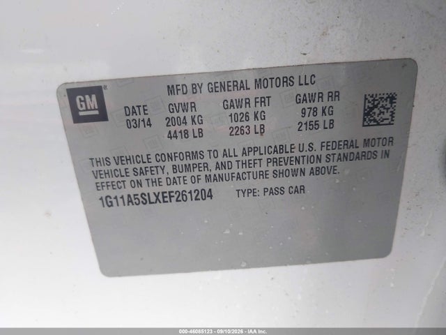 46085123 :رقم المزاد ، 1G11A5SLXEF261204 vin ، 2014 Chevrolet Malibu 1fl مزاد بيع