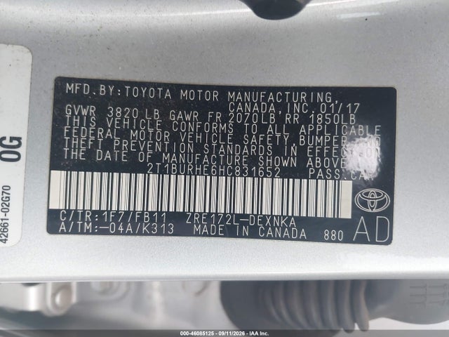 Продаж на аукціоні авто 2017 Toyota Corolla Le, vin: 2T1BURHE6HC831652, номер лоту: 46085125