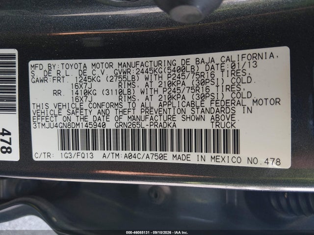 2013 Toyota Tacoma Prerunner V6 მანქანა იყიდება აუქციონზე, vin: 3TMJU4GN8DM145940, აუქციონის ნომერი: 46085131