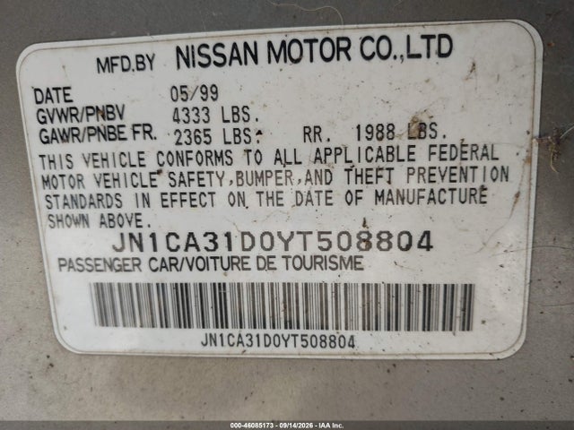 2000 Nissan Maxima Gle/gxe/se მანქანა იყიდება აუქციონზე, vin: JN1CA31D0YT508804, აუქციონის ნომერი: 46085173