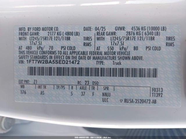 2025 Ford F-250 Xl მანქანა იყიდება აუქციონზე, vin: 1FT7W2BA5SED21472, აუქციონის ნომერი: 46085189
