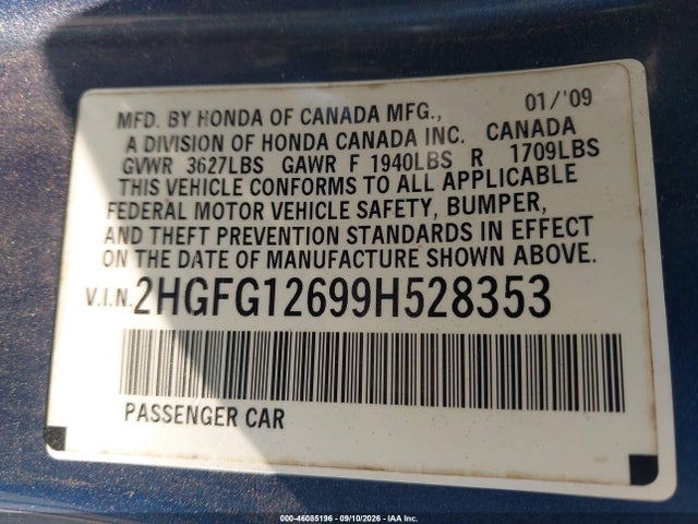 2009 Honda Civic Lx მანქანა იყიდება აუქციონზე, vin: 2HGFG12699H528353, აუქციონის ნომერი: 46085196