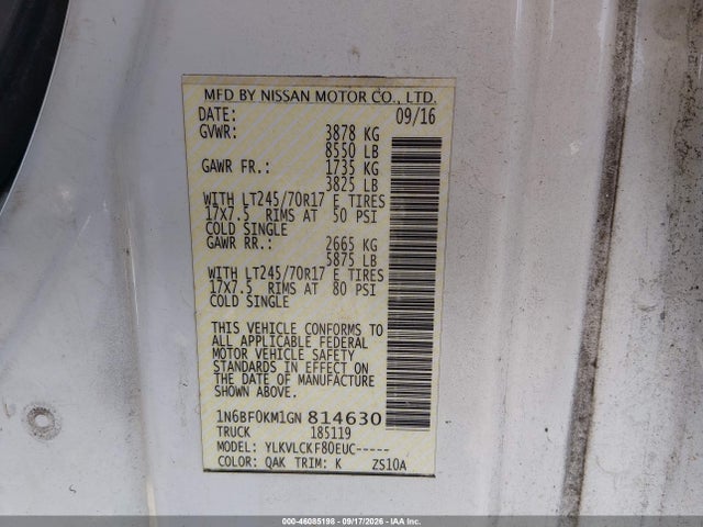 2016 Nissan Nv Cargo Nv1500 S V6 მანქანა იყიდება აუქციონზე, vin: 1N6BF0KM1GN814630, აუქციონის ნომერი: 46085198