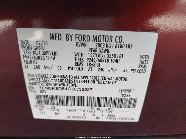 46085214 :رقم المزاد ، 1FM5K8D81GGC32537 vin ، 2016 Ford Explorer Xlt مزاد بيع
