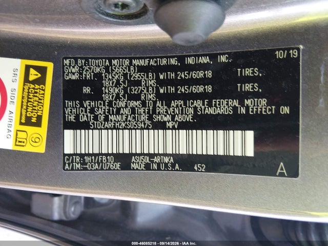 46085218 :رقم المزاد ، 5TDZARFH2KS059475 vin ، 2019 Toyota Highlander Le مزاد بيع