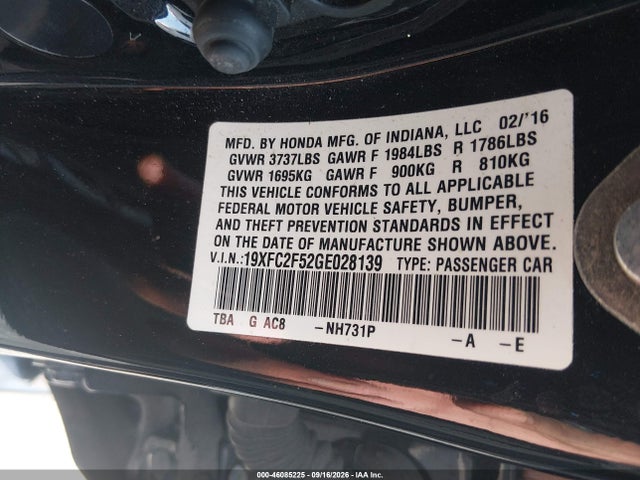 Aukcja sprzedaży 2016 Honda Civic Lx, vin: 19XFC2F52GE028139, numer aukcji: 46085225