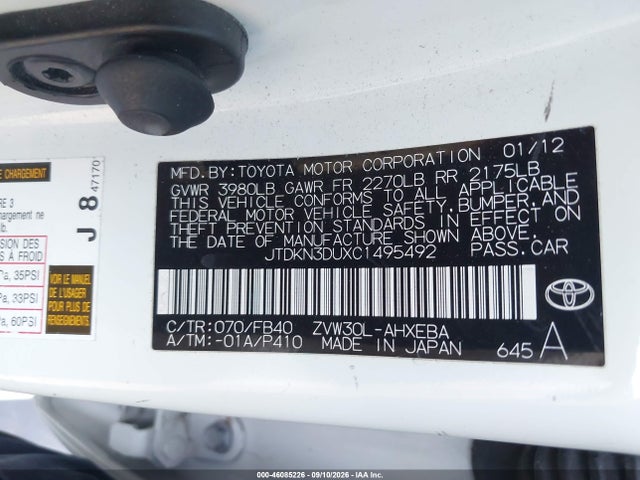 2012 Toyota Prius Three მანქანა იყიდება აუქციონზე, vin: JTDKN3DUXC1495492, აუქციონის ნომერი: 46085226