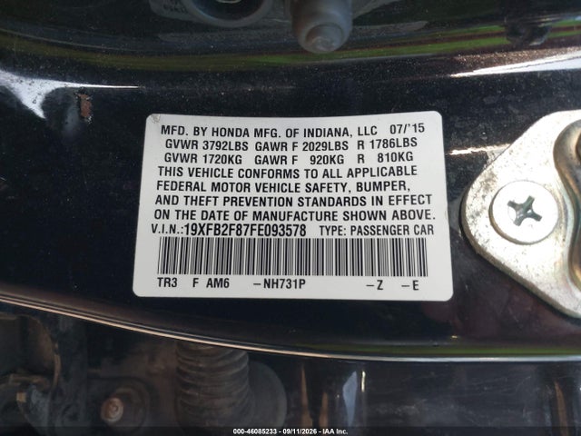 2015 Honda Civic Ex მანქანა იყიდება აუქციონზე, vin: 19XFB2F87FE093578, აუქციონის ნომერი: 46085233