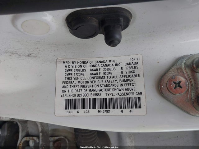 Aukcja sprzedaży 2012 Honda Civic Ex, vin: 2HGFB2F86CH315867, numer aukcji: 46085243