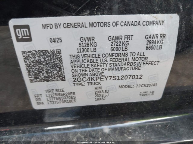 46085251 :رقم المزاد ، 2GC4KPEY7S1207012 vin ، 2025 Chevrolet Silverado 2500hd 4wd  Standard Bed Ltz مزاد بيع