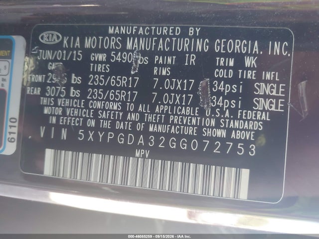 46085259 :رقم المزاد ، 5XYPGDA32GG072753 vin ، 2016 Kia Sorento 2.4l Lx مزاد بيع