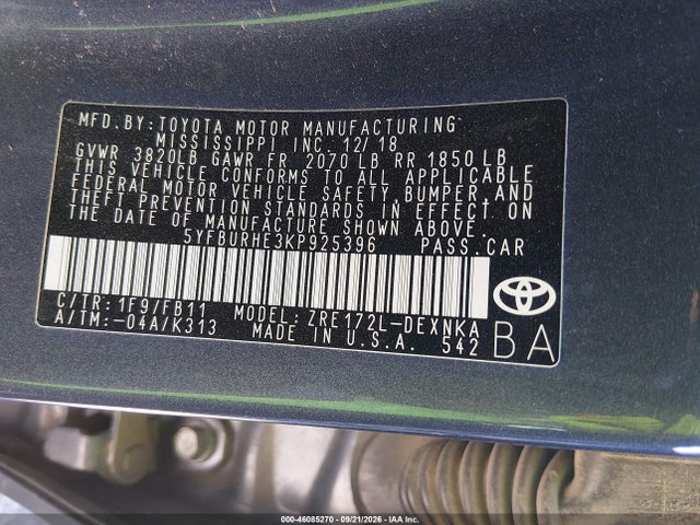 Продажа на аукционе авто 2019 Toyota Corolla Le, vin: 5YFBURHE3KP925396, номер лота: 46085270