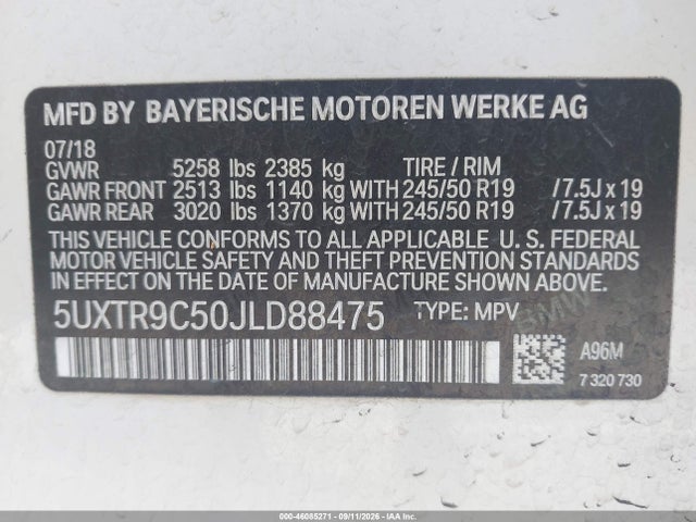 46085271 :رقم المزاد ، 5UXTR9C50JLD88475 vin ، 2018 Bmw X3 Xdrive30i مزاد بيع