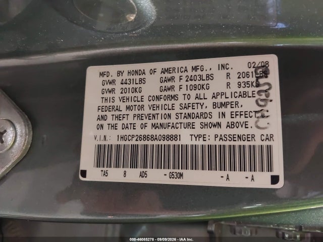2008 Honda Accord 2.4 Ex-l მანქანა იყიდება აუქციონზე, vin: 1HGCP26868A098881, აუქციონის ნომერი: 46085278