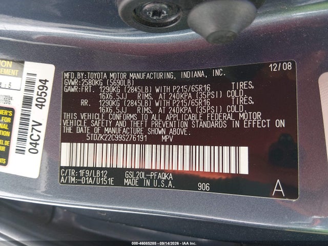 Продажа на аукционе авто 2009 Toyota Sienna Xle, vin: 5TDZK22C99S276191, номер лота: 46085285