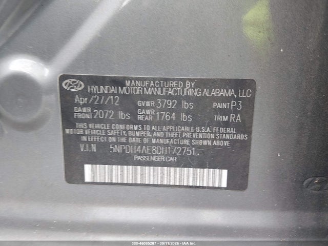 Продаж на аукціоні авто 2013 Hyundai Elantra Gls, vin: 5NPDH4AE8DH172751, номер лоту: 46085287