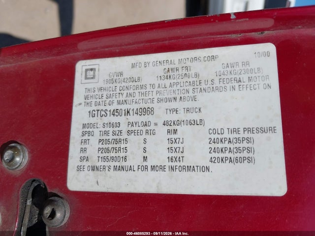 Aukcja sprzedaży 2001 Gmc Sonoma Sl, vin: 1GTCS14501K149968, numer aukcji: 46085293