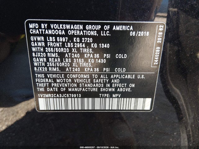 Aukcja sprzedaży 2018 Volkswagen Atlas 3.6l V6 Sel, vin: 1V2MR2CA3JC579913, numer aukcji: 46085297