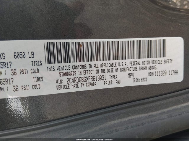 2015 Dodge Grand Caravan Se მანქანა იყიდება აუქციონზე, vin: 2C4RDGBGXFR613031, აუქციონის ნომერი: 46085304