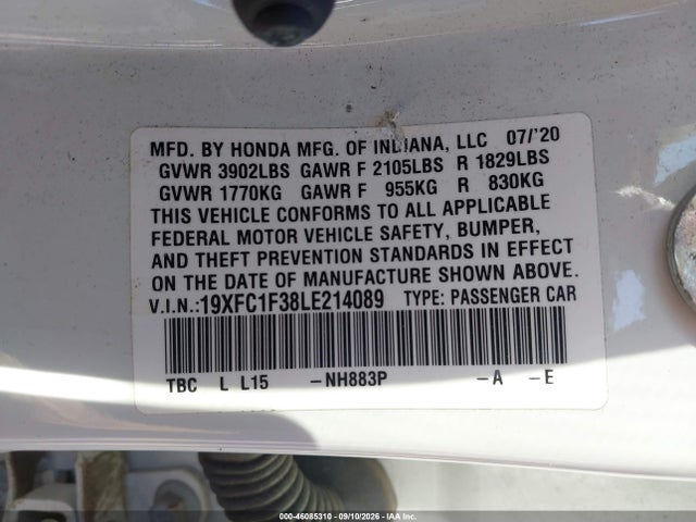 46085310 :رقم المزاد ، 19XFC1F38LE214089 vin ، 2020 Honda Civic Ex مزاد بيع