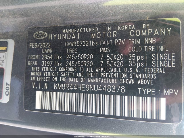 46085311 :رقم المزاد ، KM8R44HE9NU448378 vin ، 2022 Hyundai Palisade Sel مزاد بيع