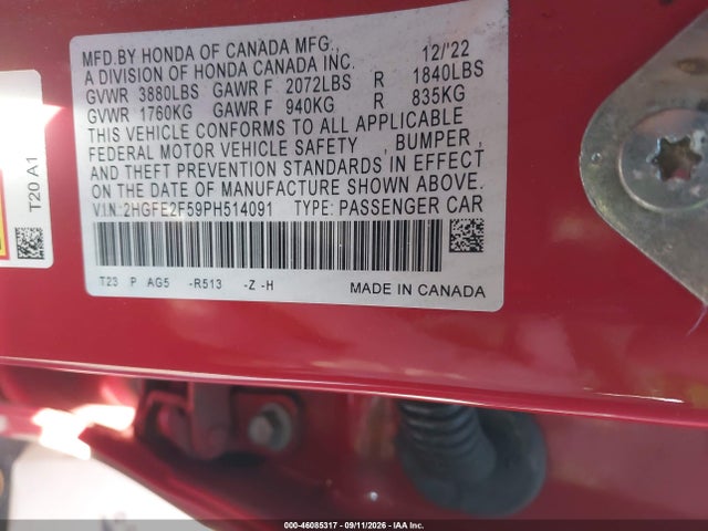 Honda Civic Sport 2023 2HGFE2F59PH514091 Image 9