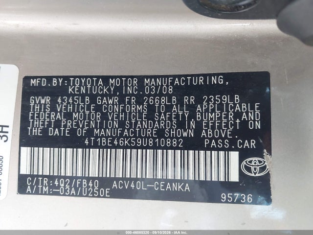 Продажа на аукционе авто 2009 Toyota Camry Le, vin: 4T1BE46K59U810882, номер лота: 46085320