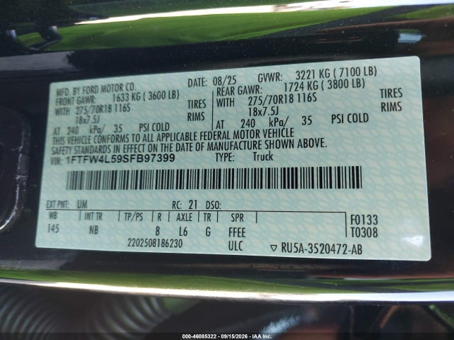 46085322 :رقم المزاد ، 1FTFW4L59SFB97399 vin ، 2025 Ford F-150 Tremor مزاد بيع