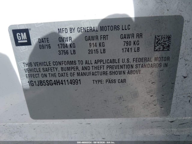 46085324 :رقم المزاد ، 1G1JB5SG4H4114991 vin ، 2017 Chevrolet Sonic Ls Auto مزاد بيع