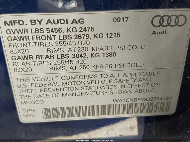 Aukcja sprzedaży 2018 Audi Q5 2.0t Premium/2.0t Tech Premium, vin: WA1CNBFY9J2064724, numer aukcji: 46085347