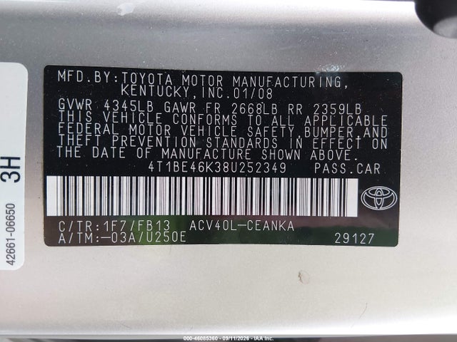 2008 Toyota Camry Ce/le/xle/se მანქანა იყიდება აუქციონზე, vin: 4T1BE46K38U252349, აუქციონის ნომერი: 46085360