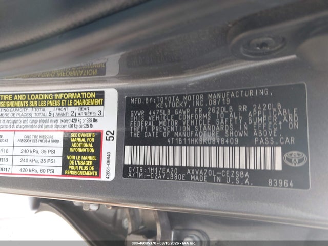 46085378 :رقم المزاد ، 4T1B11HK8KU848409 vin ، 2019 Toyota Camry Se مزاد بيع