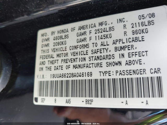 46085390 :رقم المزاد ، 19UUA66228A046169 vin ، 2008 Acura Tl 3.2 مزاد بيع