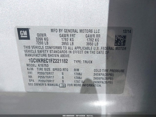 46085400 :رقم المزاد ، 1GCVKREC1FZ221182 vin ، 2015 Chevrolet Silverado 1500 1lt مزاد بيع