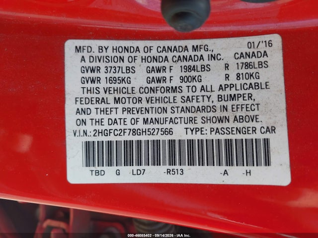 Продажа на аукционе авто 2016 Honda Civic Ex, vin: 2HGFC2F78GH527566, номер лота: 46085402