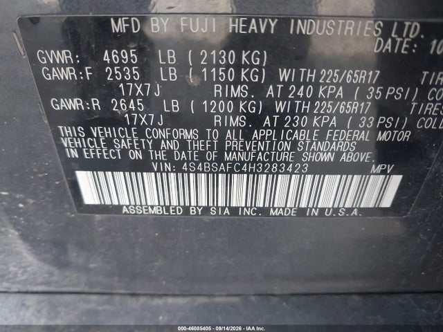Продажа на аукционе авто 2017 Subaru Outback 2.5i Premium, vin: 4S4BSAFC4H3283423, номер лота: 46085405