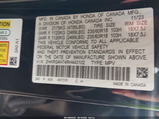 46085420 :رقم المزاد ، 2HKRS4H74RH443102 vin ، 2024 Honda Cr-v Ex-l Awd مزاد بيع