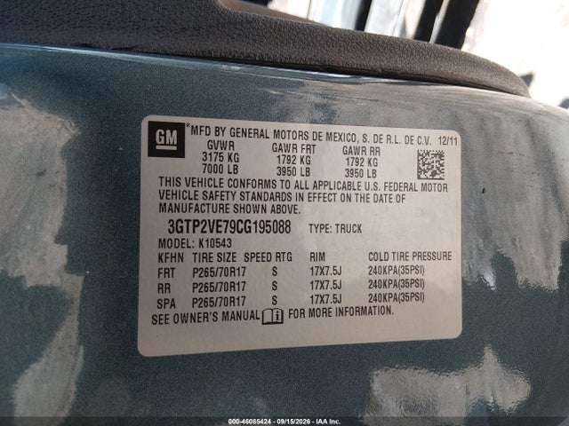 Aukcja sprzedaży 2012 Gmc Sierra 1500 Sle, vin: 3GTP2VE79CG195088, numer aukcji: 46085424