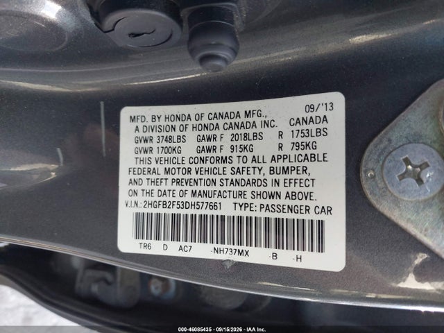 Продажа на аукционе авто 2013 Honda Civic Lx, vin: 2HGFB2F53DH577661, номер лота: 46085435