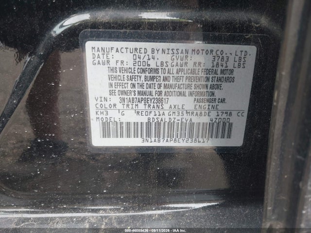2014 Nissan Sentra Fe+ S/fe+ Sv/s/sl/sr/sv მანქანა იყიდება აუქციონზე, vin: 3N1AB7AP8EY238617, აუქციონის ნომერი: 46085436