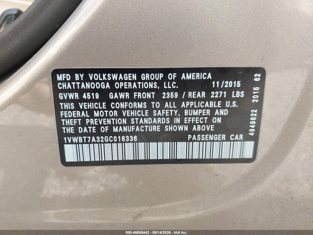 46085442 :رقم المزاد ، 1VWBT7A32GC016336 vin ، 2016 Volkswagen Passat 1.8t Se مزاد بيع