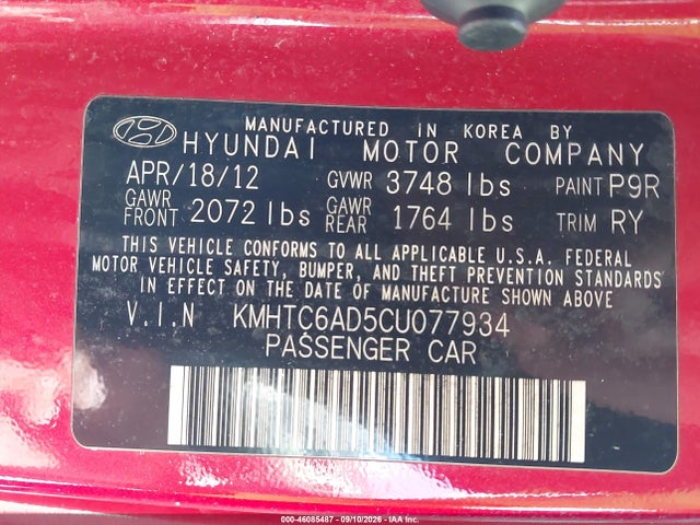 2012 Hyundai Veloster Base W/red/black მანქანა იყიდება აუქციონზე, vin: KMHTC6AD5CU077934, აუქციონის ნომერი: 46085487