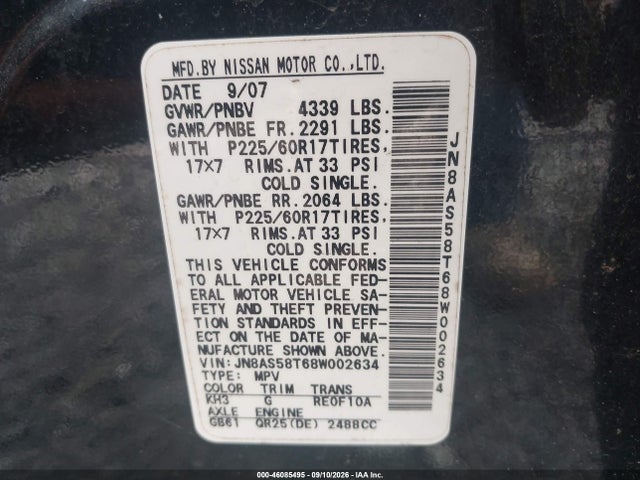 2008 Nissan Rogue Sl მანქანა იყიდება აუქციონზე, vin: JN8AS58T68W002634, აუქციონის ნომერი: 46085495