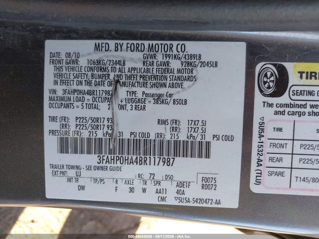Aukcja sprzedaży 2011 Ford Fusion Se, vin: 3FAHP0HA4BR117987, numer aukcji: 46085508