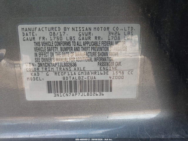 Продаж на аукціоні авто 2018 Nissan Versa 1.6 Sv, vin: 3N1CN7AP7JL802636, номер лоту: 46085512