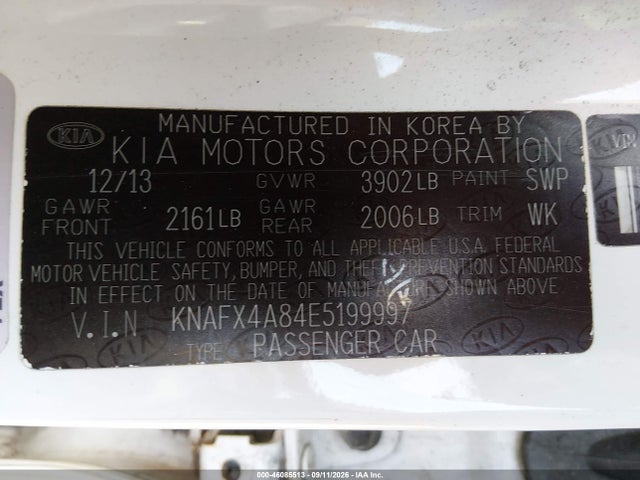 2014 Kia Forte Ex მანქანა იყიდება აუქციონზე, vin: KNAFX4A84E5199997, აუქციონის ნომერი: 46085513
