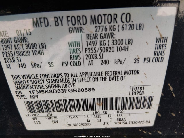 2015 Ford Explorer Xlt მანქანა იყიდება აუქციონზე, vin: 1FM5K8D83FGB80889, აუქციონის ნომერი: 46085540