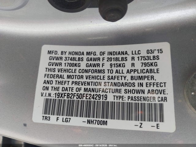2015 Honda Civic Lx მანქანა იყიდება აუქციონზე, vin: 19XFB2F50FE242919, აუქციონის ნომერი: 46085542